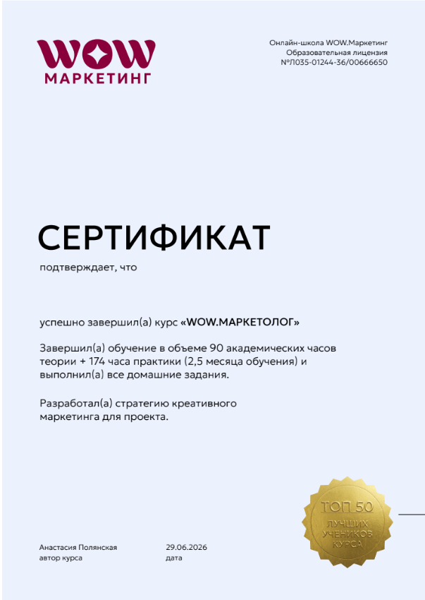 Превью сертификата WOW.Маркетолог